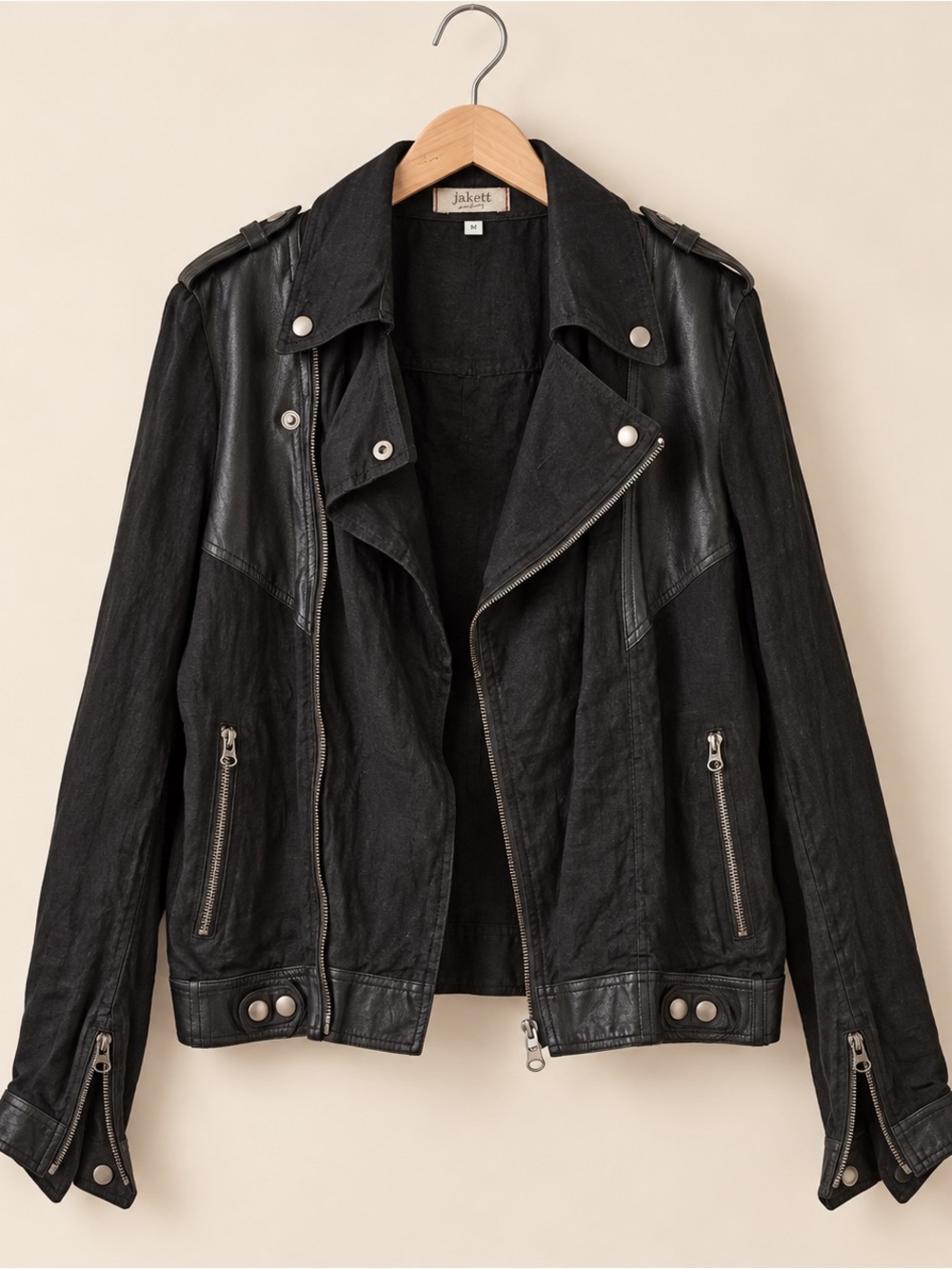 Black Moto Jacket for WomenJakett Black Leather & Linen Moto Jacket Size M